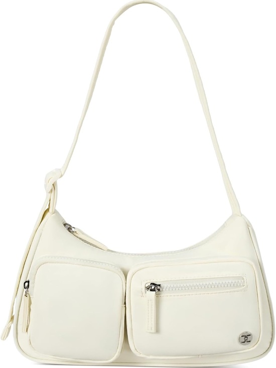 Handbags - Compact Cream Shoulder Bag with Front Zip Pockets